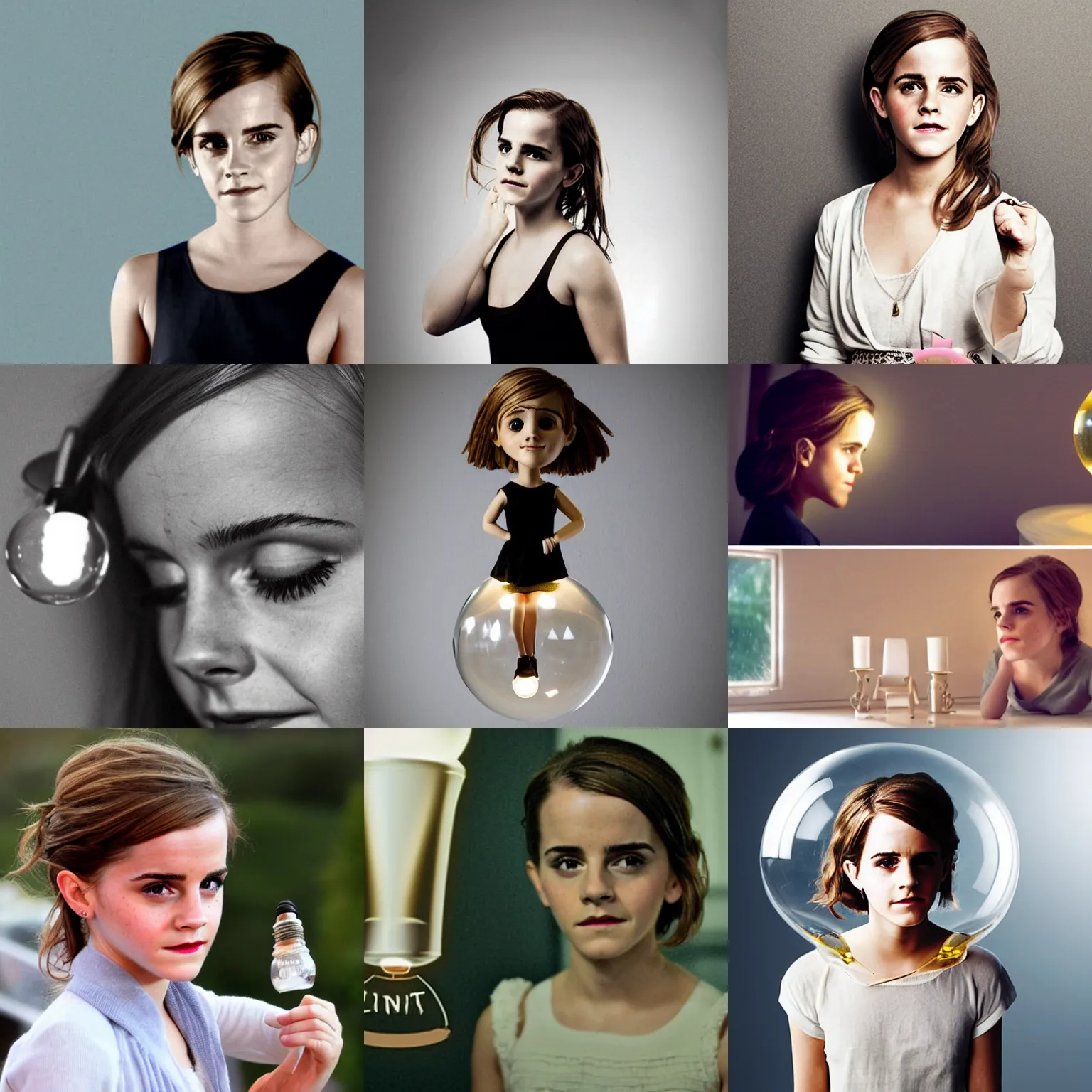 Prompt: a tiny emma watson living inside a light bulb