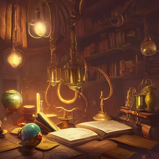 Prompt: a magical alchemists workshop full of strange equipment and books, highly detailed, diffused lighting, blender render, trending on artstation, 4 k, 8 k