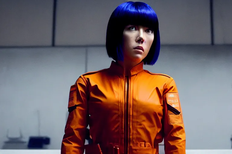 Prompt: major motoko wearing an orange prison jumpsuit, photography by fred palacio medium full shot still from bladerunner 2 0 4 9, sci fi, bladerunner, canon eos r 3, f / 3, iso 2 0 0, 1 / 1 6 0 s, 8 k, raw, unedited