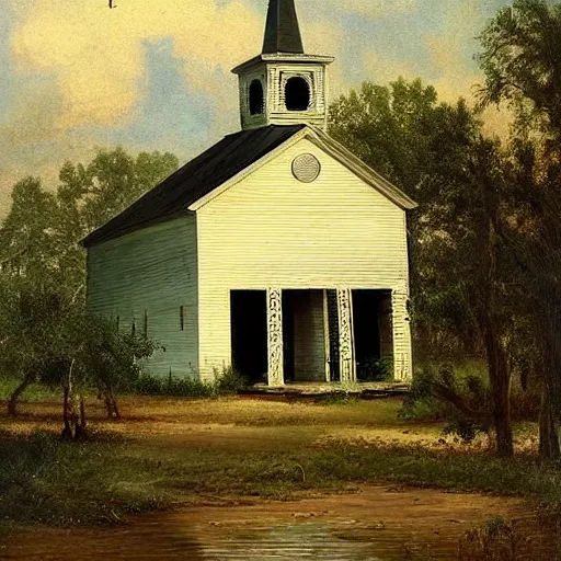 Image similar to 1 9 e century southern gothic scene, old white wooden church in bayou swamps, in louisiana, old painting style claude gellee