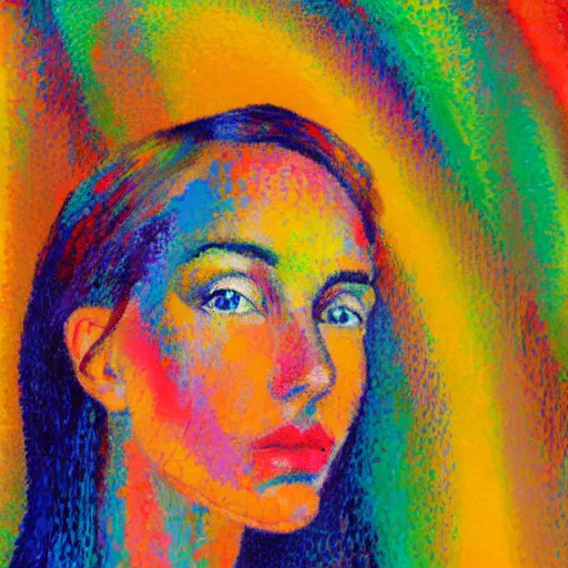 Image similar to oil on canvas, vivid colours, portrait of a beautiful woman, very impressionistic, abstract, pointillism, it is painted really roughly