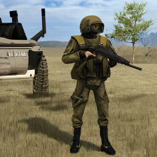 Image similar to anthropomorphic shiba inu, wearing s. t. a. l. k. e. r. freedom exoskeleton without helmet, with rifle in hands, standing near himars, still