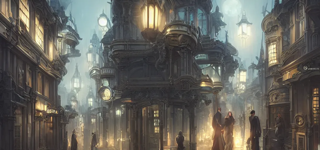 Image similar to futuristic cyber victorian city street, by artgerm, tom bagshaw, gerald brom, 4 k, hd, white, light, bright, beautiful, victorian architecture,