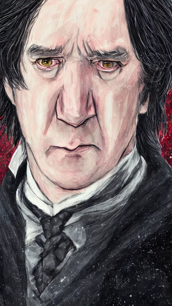 Prompt: a close - up portrait of professor snape, attending the yule ball. beautiful painting by jim kay. color harmony, 8 k detail, gallery quality, hd wallpaper, premium prints available, hyper - detailed, intricate design.