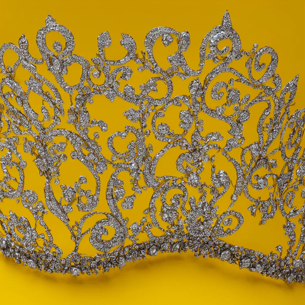 Image similar to close - up view of a tiara on yellow background, 8 k, high detail, photorealistic, proper shading