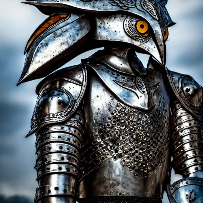 Image similar to photo of a warrior with metal owl themed armour, highly detailed, 4 k, hdr, smooth, sharp focus, high resolution, award - winning photo