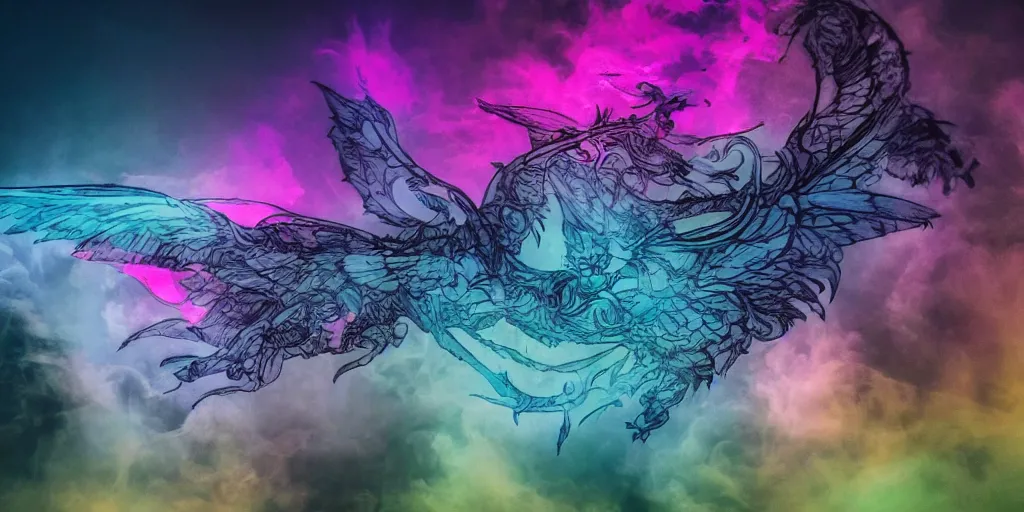 Prompt: dimly lit muted multi-color smoke (blues, greens), muted neon smoke, smoke reminiscent (shape, outline) of fierce flying dragons with large outstretched wings, over a large city park (city park), photographic, stunning, inspiring, super high energy, swift, fast, fleeting, 8K, 4K, UE5