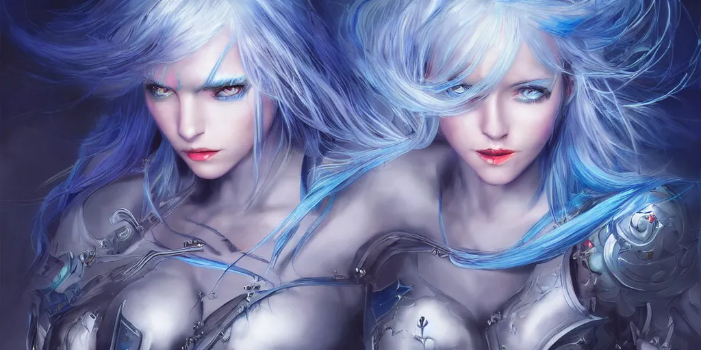 Prompt: the beautiful girl blue hair dances with electricity, her sword a blade made of light, her armor gleams with power, her blue eyes gazed upon the horde of monster in front of her fearlessly, digital art, official, intricate detail, by artgerm