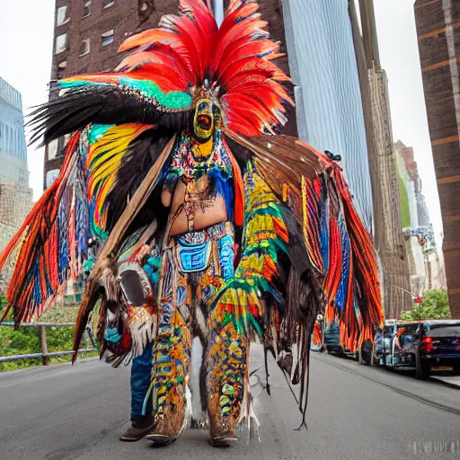 Prompt: an indigenous shaman dressed with a quetzalcoatl feathered serpent riding a feathered serpent in manhattan bridge