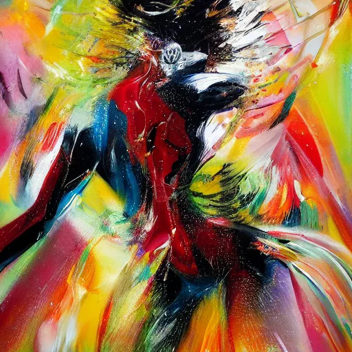 Prompt: a dynamically posed figure rendered in an expressive and stylized fashion showing movement with paint splashes