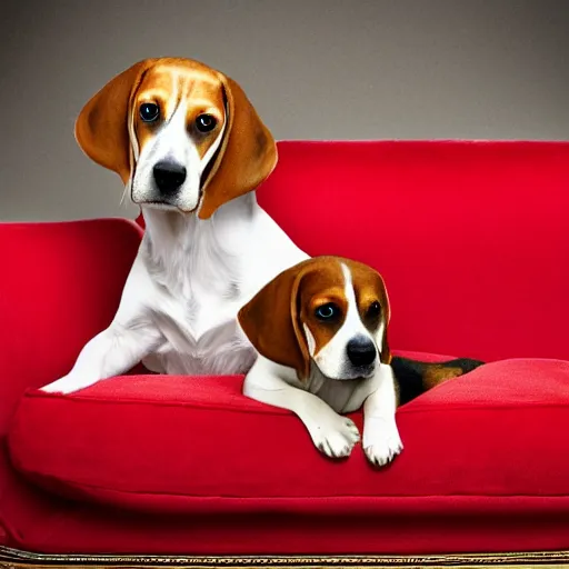 Prompt: a digital photo of a beagle and a daschund on a red victorian couch.