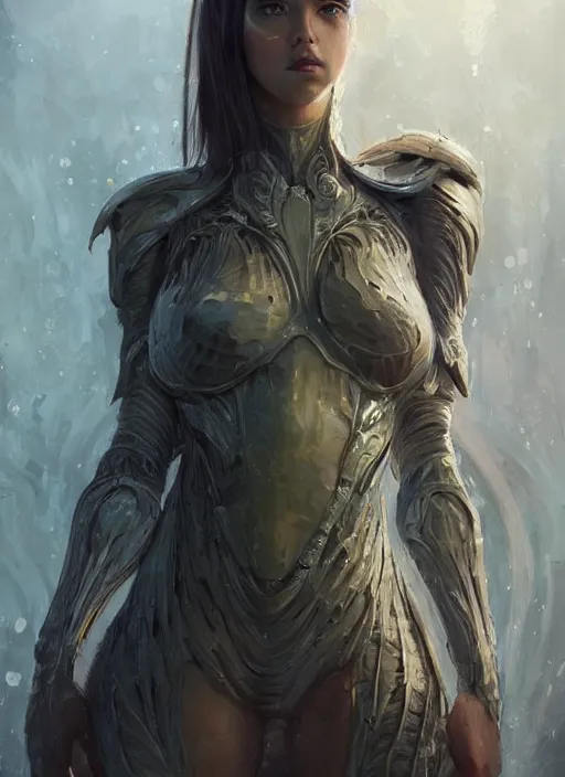 Image similar to a professional painting of a beautiful young female alien, clothed in ethereal armor, olive skin, long dark hair, beautiful bone structure, symmetrical facial features, intricate, elegant, digital painting, concept art, smooth, sharp focus, illustration, from Valerian and the City of a Thousand Planets, by Ruan Jia and Mandy Jurgens and Artgerm and William-Adolphe Bouguerea