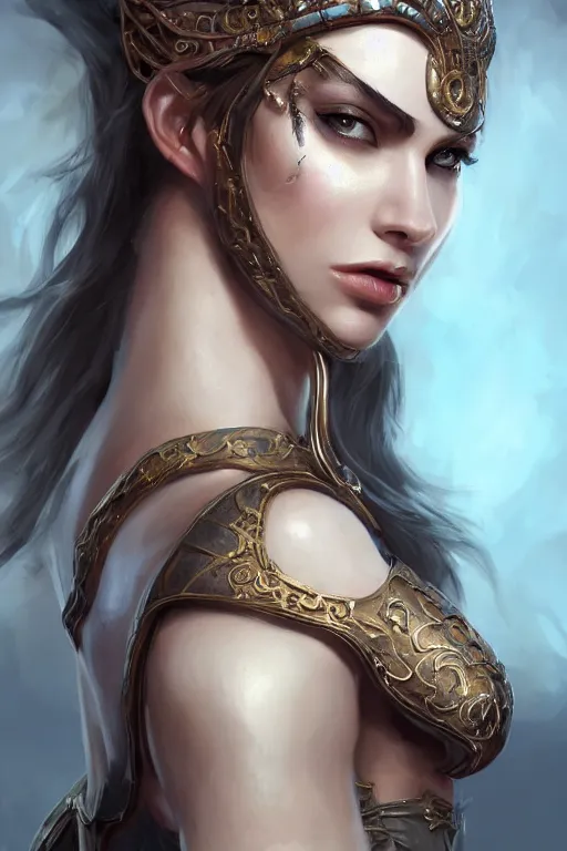 Image similar to three-quarters portrait pose of a beautiful woman, slim body, shining armor, human warrior, fantasy, intricate, elegant, highly detailed, digital painting, artstation, concept art, matte, sharp focus,D&D, illustration, art by Stanley Lau