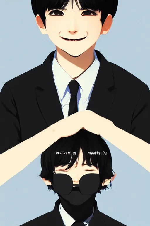 Image similar to a headshot of a very happy yoongi gummy smile - short black hair wearing male school uniform, sharp focus, illustration, morandi color scheme, art station, high detailed, by ilya kuvshinov