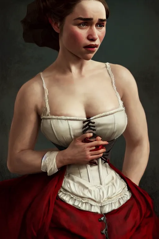 Image similar to Emilia Clarke in a 1800s American Corset in Red Dead Redemption anatomy, only two hands, highly detailed, digital painting, artstation, concept art, smooth, sharp focus, illustration, Unreal Engine 5, 8K, art by art by artgerm and greg rutkowski and edgar maxence