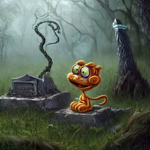 Image similar to an ancient, eldritch, and godlike garfield crying at a overgrown and abandoned grave trending on artstation deviantart pinterest photorealistic hd 8 k highlights and shadow detailed high resolution