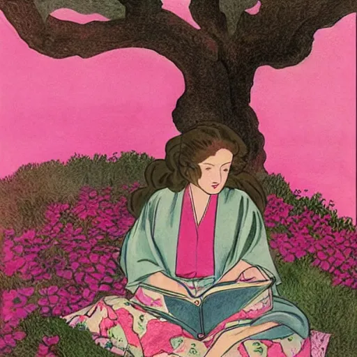 Prompt: beautiful ittle girl with long curly red hair dressed in a pink kimono and sitting next to a tree while reading a book, artwork made in western comic art style inspired in balthus, anatomically correct, higher details