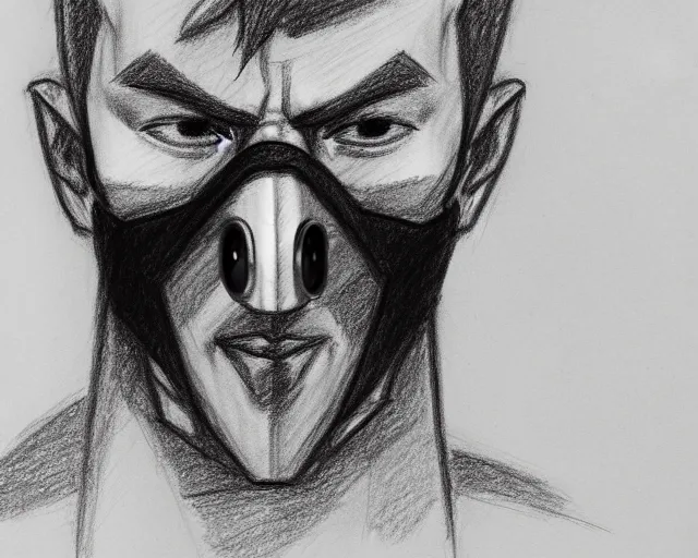 Prompt: draft drawing of a european man covering face with mask, a sketch by choro choi, thin stroke, trending on artstation, context art, pencil sketch, high detail