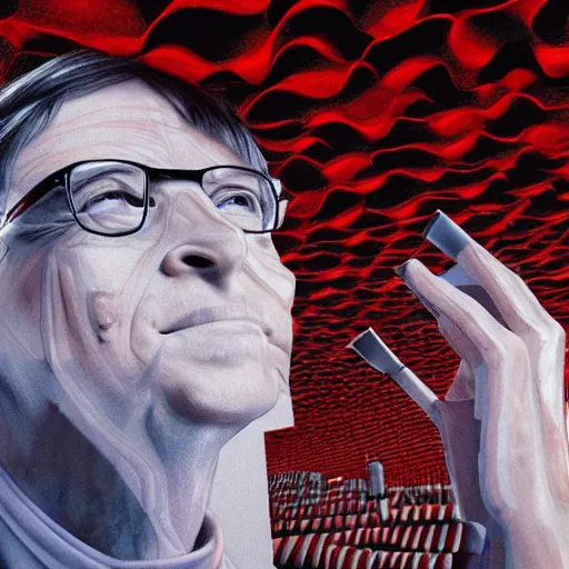 Image similar to bill gates standing in front of a gigantic mountain of realistic syringes by junji ito and francis bacon, hunter s thompson feeling of grimdark, sharp focus, fiction, hyper detailed, digital art, trending in artstation, cinematic lighting, studio quality, smooth render, unreal engine 5