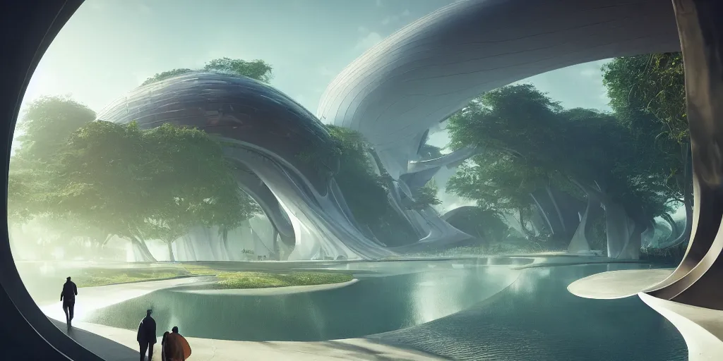 Image similar to garden of eden, by tim blandin and arthur haas and bruce pennington and john schoenherr, big windows architecture by zaha hadid, octane render, warm colour scheme, white, cinematic, scenery, cgsociety, modernism, futuristic, trending on artstation, sci - fi, high detail, high quality, close up angle, people walking