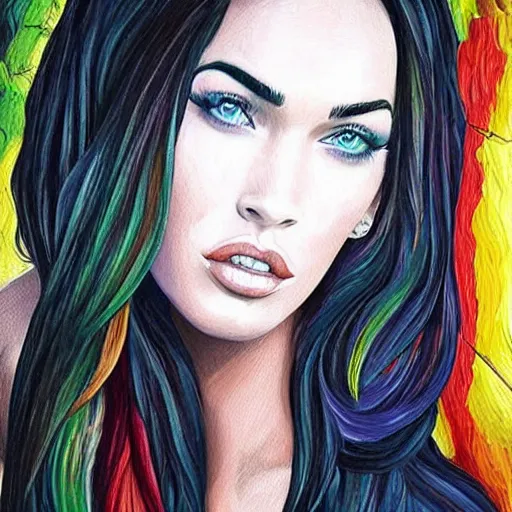 Image similar to “Megan Fox acid paints paintings, ultra detailed portrait, 4k resolution”