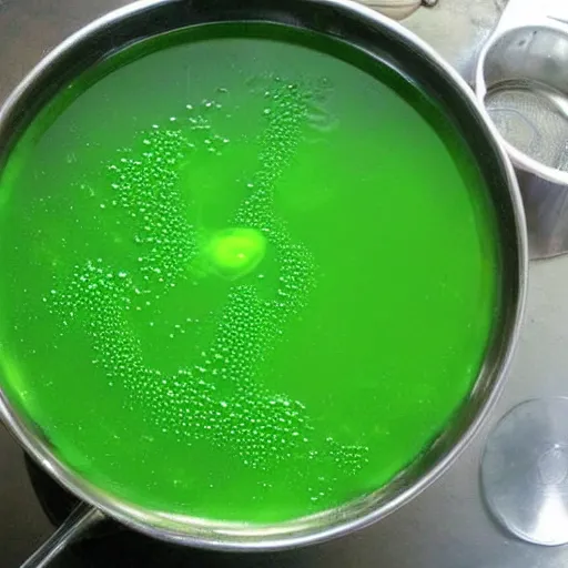 Prompt: brewing violent bubbling green fluid universe soup, green steam rising from soup