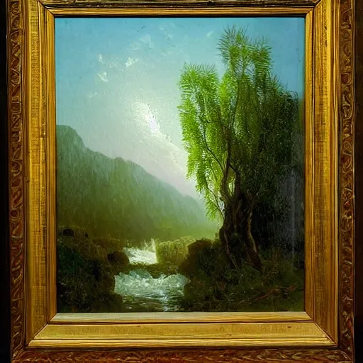 Prompt: oil painting of a willow tree next to a raging river by albert bierstadt, beautiful lighting - h 7 0 4