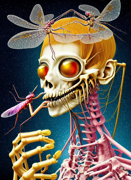 Image similar to hyper detailed 3d render like a Oil painting - kawaii skeletal portrait Aurora (gold haired Singer Praying Mantis Dragonfly) seen Eating of the Strangling network of yellowcake aerochrome and milky Fruit and Her compund eyes delicate Hands hold of gossamer polyp blossoms bring iridescent fungal flowers whose spores black the foolish stars by Jacek Yerka, Mariusz Lewandowski, Houdini algorithmic generative render, Abstract brush strokes, Masterpiece, Edward Hopper and James Gilleard, Zdzislaw Beksinski, Mark Ryden, Wolfgang Lettl, hints of Yayoi Kasuma, octane render, 8k