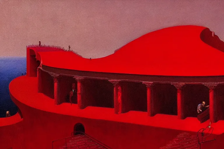 Image similar to only with red, a red great emperor, taormina amphitheatre, crowd with big smile, in the style of beksinski, parts by edward hopper, parts by rodcenko, parts by yue minjun, intricate and epic composition, red by caravaggio, insanely quality, highly detailed, masterpiece, red light, artstation, 4 k