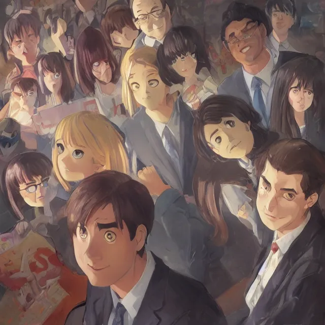 Image similar to netflix's the office anime reboot, promo, digital painting, artstation, concept art, smooth, sharp focus, illustration, art by konstantin korovin and daniel f. gerhartz and john howe