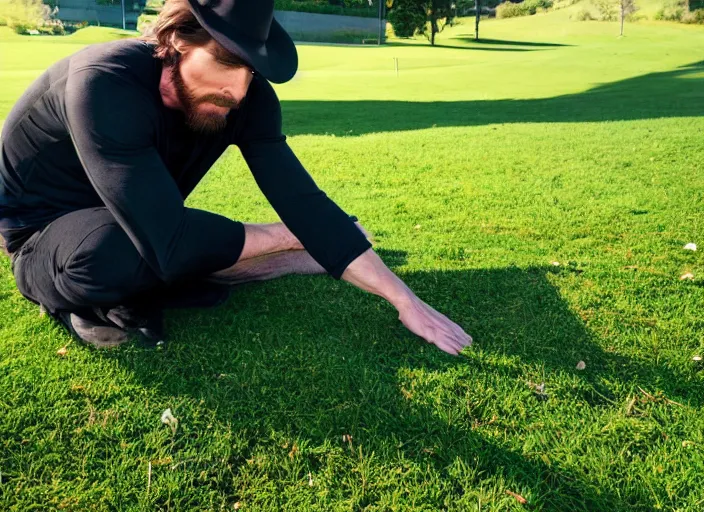 Prompt: photo still of christian bale touching grass, 8 k, sunny day in a park
