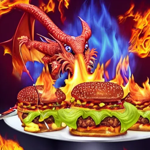 Prompt: dragon blowing fire from mouth surrounded by cheeseburgers, highly detailed, movie still