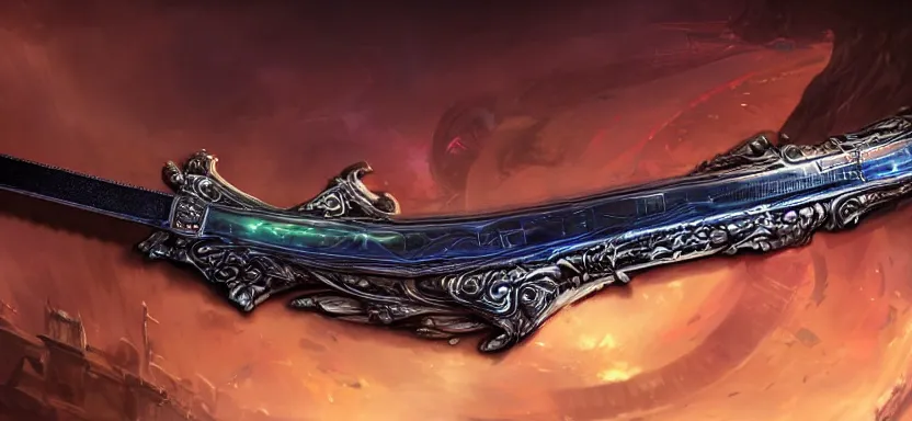 Image similar to legendary cybernetic sword lying flat on a glowing table with a long sharp black and iridescent sword blade, digital award winning hd matte painting, intimate dark moody, intricate, ornate spikes, colorful hilt, detailed realistic, raytraced blade, colored gems, future golden technological pommel, in the style of greg rutkowski and krenz cushart, deviantart