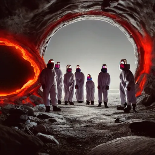 Image similar to wide - shot photo of a group of scientists in hazmat suits, studying a hell open rift portal, by shaun tan, codachrome, hellish, unsettling, otherworldly, smoke, machines, floating rocks, megalophobia, 8 k, hd, highly detailed,