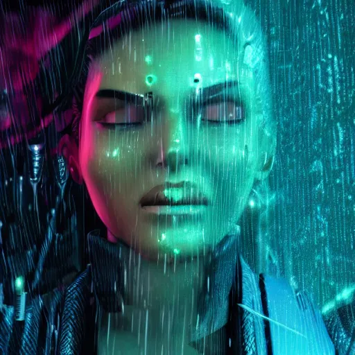 Image similar to comic book woman portrait made out of rain, beautiful, stylish suit, cyberpunk background, neon, rendered in octane, unreal engine, matte painting, sharp focus, trending on artstation, futuristic, space