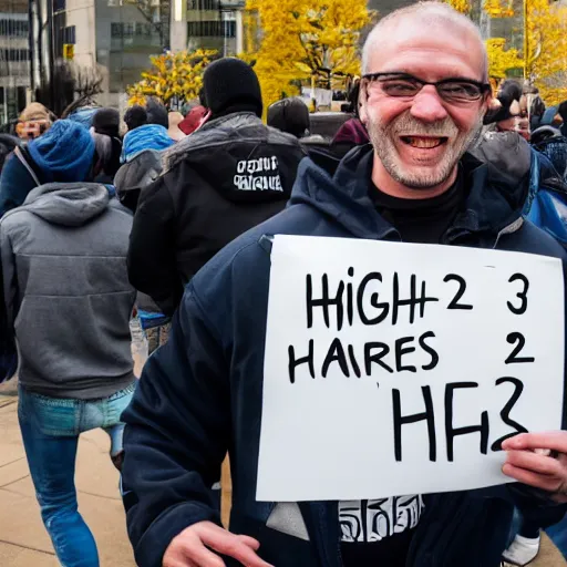 Image similar to photograph of smiling man holding a protest sign saying'2 + 2 = 3 lol 😂 ', high detail, 8 k resolution