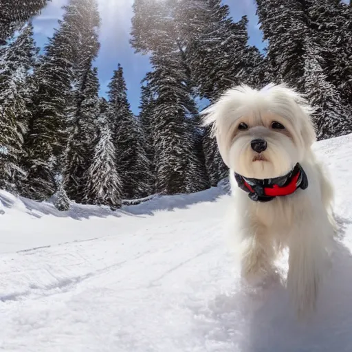 Image similar to a cream-colored havanese dog backcountry alpine skiing , gopro photo, 4k