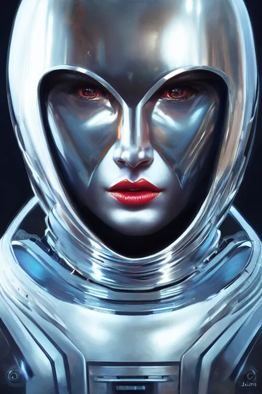 Prompt: retro-futuristic female android in chrome armour, facial portrait, rim light, ornate pattern, evil eyes, painting by vincent di fate, artgerm julie bell beeple, Smooth gradients, High contrast, depth of field, very coherent symmetrical artwork