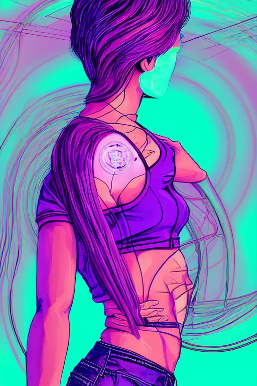 Image similar to a award winning half body portrait of a beautiful woman with stunning eyes in a croptop and cargo pants with ombre purple pink teal hairstyle and hands in pockets by thomas danthony, surrounded by whirling illuminated lines, outrun, vaporware, shaded flat illustration, digital art, trending on artstation, highly detailed, fine detail, intricate