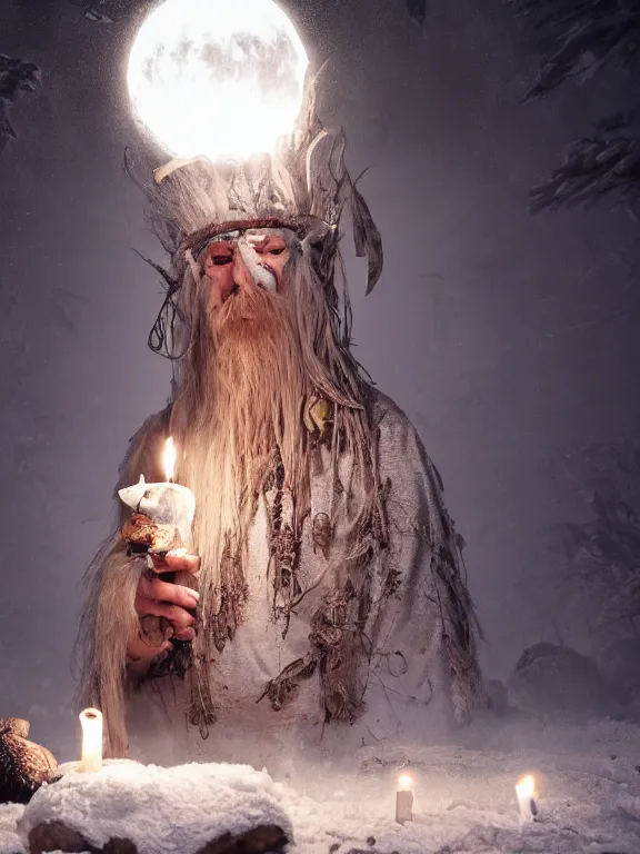 Image similar to fine painting of the white shaman of death from an ancient ice planet culture with mushrooms, candlelight, 8 k, ultra realistic, lens flare, atmosphere, glow, detailed, intricate, full of colour, cinematic lighting, trending on artstation, 4 k, hyperrealistic, focused, extreme details, unreal engine 5, cinematic, masterpiece