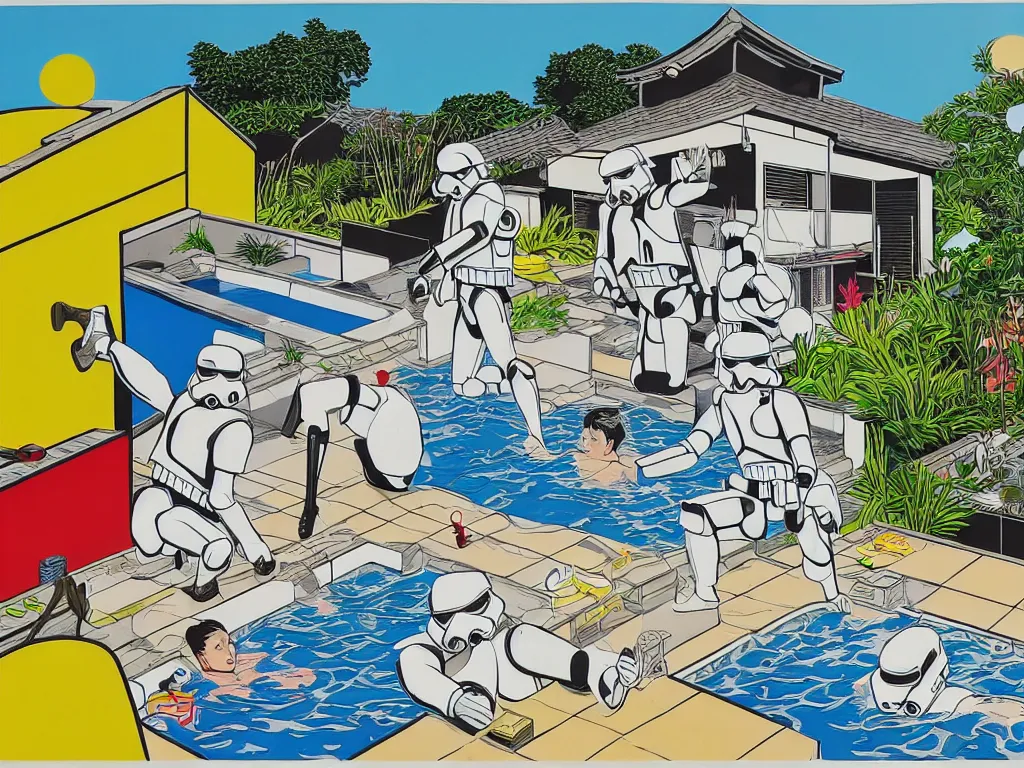 Image similar to hyperrealism composition of the japanese house with a hot springs in the garden, two detailed stormtroopers bathe in a hot spring, pop - art style, jacky tsai style, andy warhol style, roy lichtenstein style, acrylic on canvas