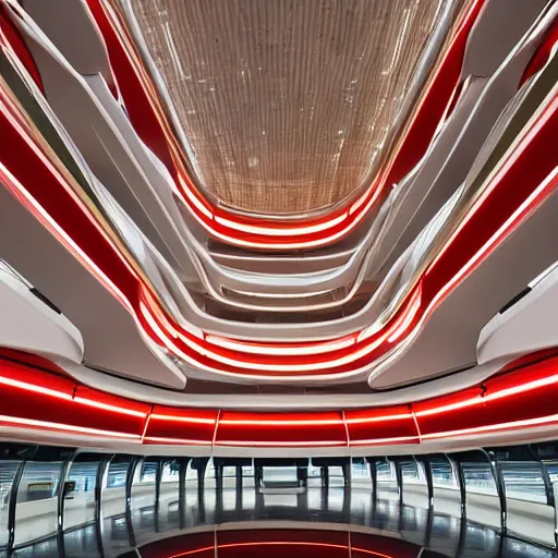 Image similar to futuristic space station with gold, red and white marble panels, by santiago calatrava, intricate contemporary architecture, photo journalism, photography, cinematic, national geographic photoshoot