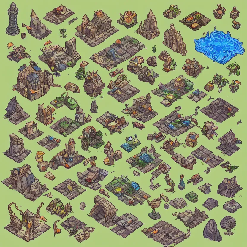 Prompt: set of isometric game tiles, containing a wizard's tower, enemies'hideouts and several resources, colored lineart from resource gathering game