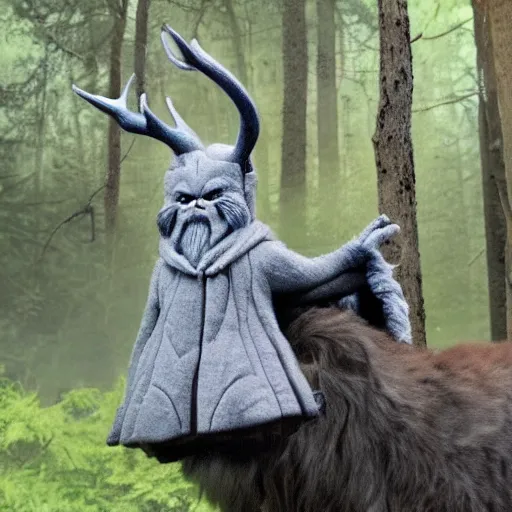 Image similar to gandalf the grey riding a giant kitten with antlers through the forest