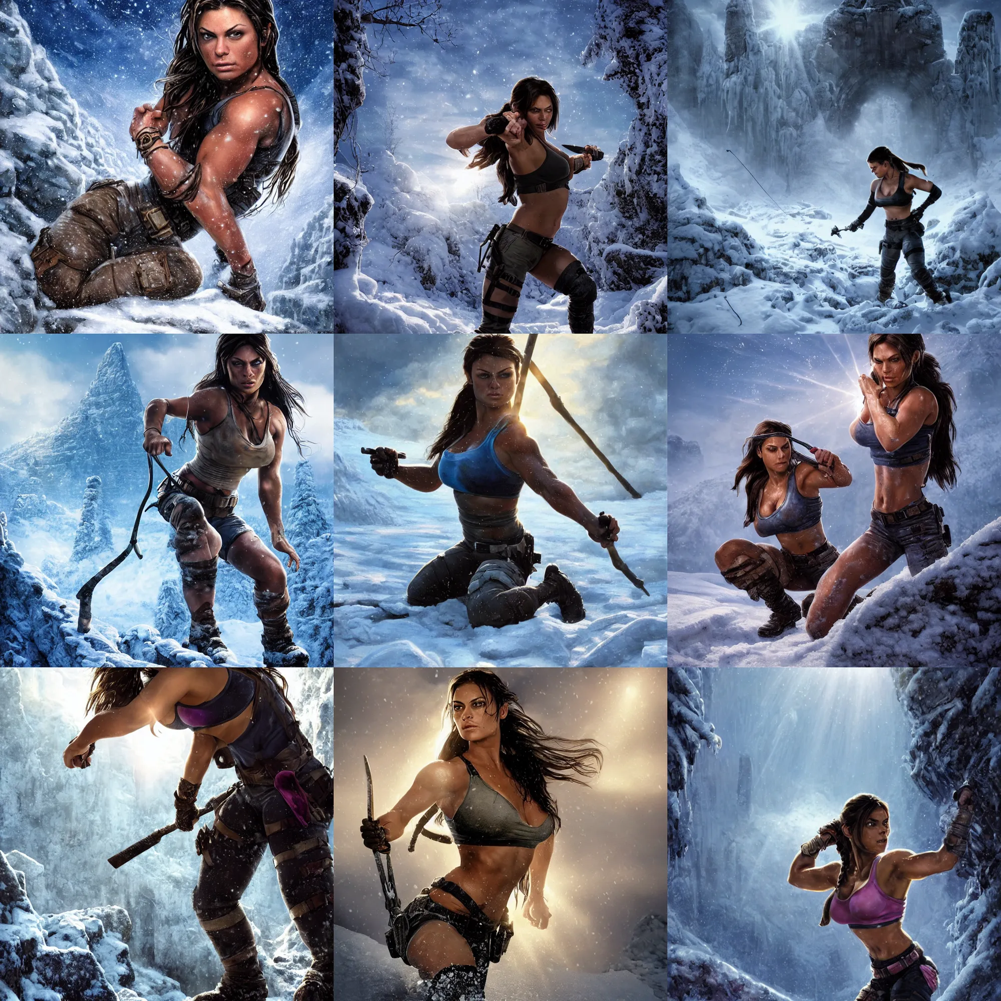 Image similar to epic portrait of muscled Mila Kunis as Lara Croft kneeling in deep snow, ancient ruins, blue hue prism, sun rays through snow, pink golden hour, wind swept snow, intricate, highly detailed, shallow depth of field, epic vista, Ralph Horsley, Daniel F. Gerhartz, Artgerm, Boris Villajo, Lilia Alvarado