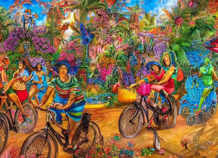 Prompt: 🌴🚲👴🏿🦋, lowbrow, 3 - d highly detailed, in the style of, josephine wall,