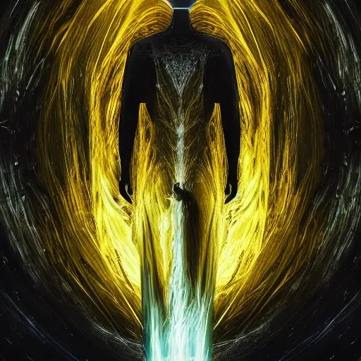 Image similar to award - winning. trending on artstation. 4 k. eerie tone. a figure wearing a layered yellow coat standing in front of a fractal representation of a glowing black hole in space. dark background. full - body. medieval. 4 k.