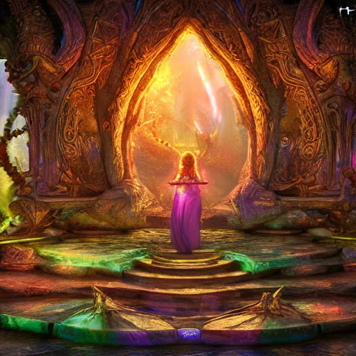 Image similar to Photorealistic magic elven shrine of the elf goddess. Hyperdetailed photorealism, 108 megapixels, amazing depth, glowing rich colors, powerful imagery, psychedelic Overtones, 3D finalrender, 3d shading, cinematic lighting, artstation concept art