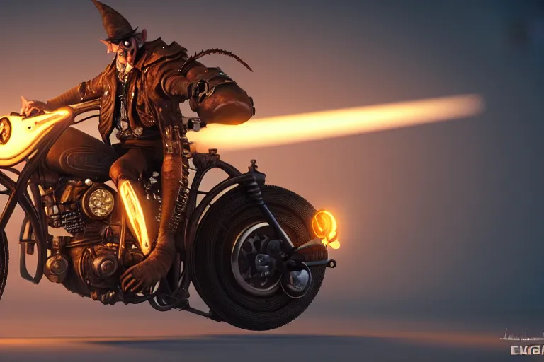 Prompt: a goblin riding a steampunk motorcycle, volumetric light, epic lighting, hyperdetailed, artstation, cgsociety, 8k