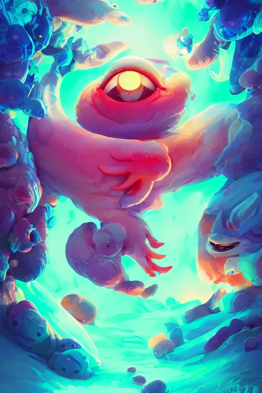 Image similar to smurf ghost creature animal sushi cristal very big eye roots cactus elemental flush of force nature micro world fluo fishscale, behance hd by jesper ejsing, by rhads, makoto shinkai and lois van baarle, ilya kuvshinov, rossdraws radiating a glowing aura global illumination ray tracing hdr